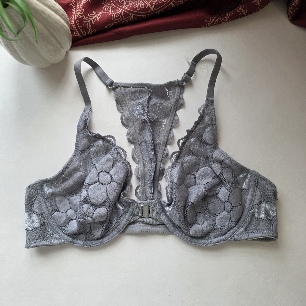 Aerie Front Close Bra Gray Lace Size 34B